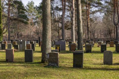 Espoo, Finlandiya - 27 Mart 2025: Finlandiya 'da taştan bir haçla işaretlenmiş yalnız bir mezarlık. Çevre sakin ve sakin, saygılı bir atmosferi yansıtıyor.