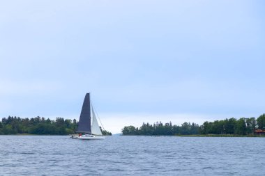 Modern katamaran, açık bir gökyüzü altında rüzgarı yakalayan, derin mavi denizin üzerinde sorunsuzca süzülür. Özgürlük, macera, açık denizleri keşfetme sevinci Baltık Denizi 'nde mükemmel bir yelken gününde, Finlandiya