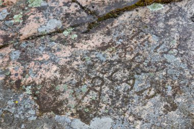 Tarihi hurmalar ve sembollerle işlenmiş yıpranmış taşların yakın çekimi. Derin oyuklar, pürüzlü doku ve eskimiş ezgi, tarih, hafıza ve zamansız kuzey mirası.