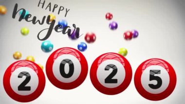 Happy New year 2025 with funny red  lottery  balls falling down 