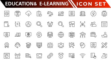 Eğitim ve E-öğrenme ağ simgeleri hizada. Okul, üniversite, ders kitabı, öğrenme. Vektör illüstrasyonu