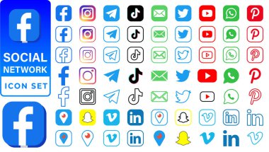 Gerçekçi sosyal medya logoti koleksiyonu: Facebook, instagram, twitter, youtube, linkedin, snapchat, telgraf, pinterest, what sap, periscope, vimeo. Sosyal medya simgeleri.