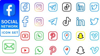 Sosyal medya simgeleri. Facebook, Instagram, Twitter, Youtube, Pinterest, Behance, Vimeo, Google, Skype, Viber, TikTok, Whatsapp, Linkedin, Telegram, WeChat, Dribble, Reddit, Blogger