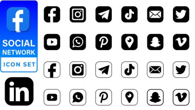 Sosyal medya simgeleri. Facebook, Instagram, Twitter, Youtube, Pinterest, Behance, Vimeo, Google, Skype, Viber, TikTok, Whatsapp, Linkedin, Telegram, WeChat, Dribble, Reddit, Blogger