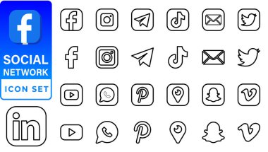 Sosyal medya simgeleri. Facebook, Instagram, Twitter, Youtube, Pinterest, Behance, Vimeo, Google, Skype, Viber, TikTok, Whatsapp, Linkedin, Telegram, WeChat, Dribble, Reddit, Blogger