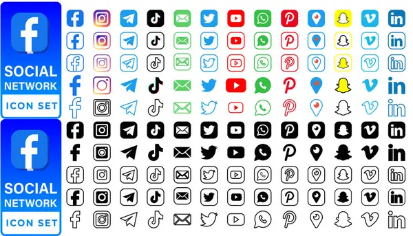 Facebook, twitter, instagram, youtube, snapchat, pinterest, Whatsap, linkedin, periscope, vimeo - popüler sosyal medya logosu koleksiyonu. Sosyal medya simgeleri. Gerçekçi bir set. Vektör editörü