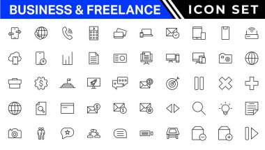 İş ve ofis web simgeleri aynı hizada. Para, banka, bağlantı, bilgi. Simge koleksiyonu. Vektör illüstrasyonu