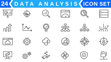 Veri analiz simgesi ayarlandı. Grafikler, istatistik, analiz, analiz, büyük veri, büyüme, grafik, araştırma, UI, UX, GUI ve daha fazla satır simgesi