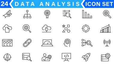 Veri analiz çizgisi simgeleri ayarlandı. Analizler, sunucu, madencilik, veri filtresi, trafik, yapay zeka, sunucu, izleme. İstatistik ve analitik ana hatları simge koleksiyonu