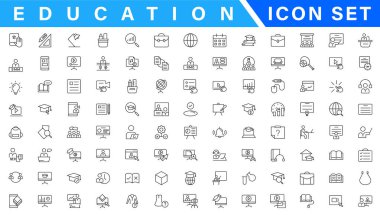 Eğitim ve Öğrenme web simgeleri satır tarzında. Okul, üniversite, ders kitabı, öğrenme. Vektör çizimi.