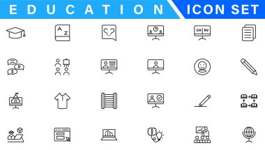 Eğitim ve Öğrenme web simgeleri satır tarzında. Okul, üniversite, ders kitabı, öğrenme. Vektör çizimi.