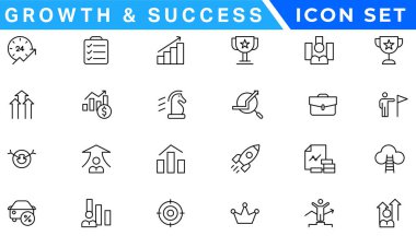 Büyüme ve başarı çizgisi simgeleri koleksiyonu. Büyük UI simgesi düz dizayn edildi. İnce taslak simgeler paketi. Vektör illüstrasyonu
