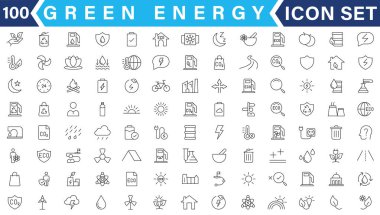 Yeşil enerji ikonu ayarlandı. Yenilenebilir enerji, ekoloji ve yeşil elektrik simgelerinin toplanması