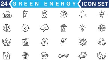 Yeşil enerji ince çizgi simgeleri kümesi. Yenilenebilir enerji ikonları, yeşil teknoloji. Projeleriniz için tasarım elemanları. Vektör illüstrasyonu