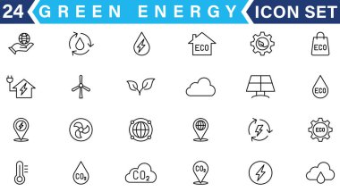 Yeşil enerji ince çizgi simgeleri kümesi. Yenilenebilir enerji ikonları, yeşil teknoloji. Projeleriniz için tasarım elemanları. Vektör illüstrasyonu