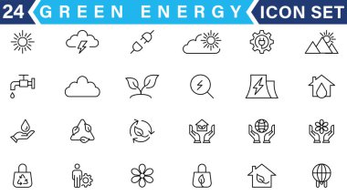 Yeşil enerji ince çizgi simgeleri kümesi. Yenilenebilir enerji ikonları, yeşil teknoloji. Projeleriniz için tasarım elemanları. Vektör illüstrasyonu