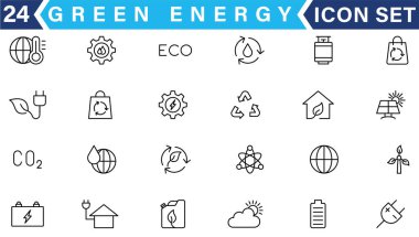 Yeşil enerji ince çizgi simgeleri kümesi. Yenilenebilir enerji ikonları, yeşil teknoloji. Projeleriniz için tasarım elemanları. Vektör illüstrasyonu