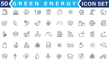 Yeşil enerji ikonu ayarlandı. Yenilenebilir enerji, ekoloji ve yeşil elektrik simgelerinin toplanması
