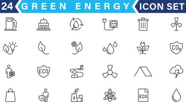 Yeşil enerji ikonu ayarlandı. Yenilenebilir enerji, ekoloji ve yeşil elektrik simgelerinin toplanması