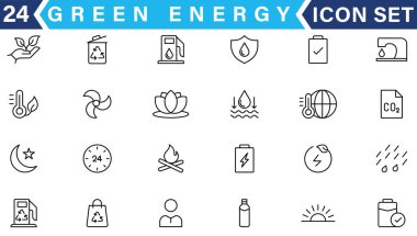 Yeşil enerji ikonu ayarlandı. Yenilenebilir enerji, ekoloji ve yeşil elektrik ikonu koleksiyonu
