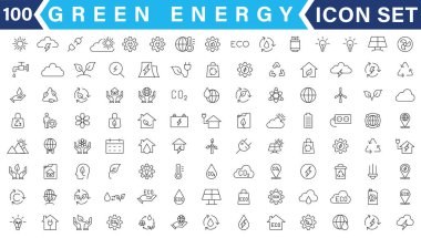 Yeşil enerji ince çizgi simgeleri kümesi. Yenilenebilir enerji ikonları, yeşil teknoloji. Projeleriniz için tasarım elemanları. Vektör illüstrasyonu