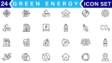 Yeşil enerji ince çizgi simgeleri kümesi. Yenilenebilir enerji ikonları, yeşil teknoloji. Projeleriniz için tasarım elemanları. Vektör illüstrasyonu