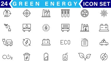 Yeşil enerji ince çizgi simgeleri kümesi. Yenilenebilir enerji ikonları, yeşil teknoloji. Projeleriniz için tasarım elemanları. Vektör illüstrasyonu