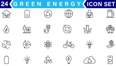 Yeşil enerji ince çizgi simgeleri kümesi. Yenilenebilir enerji ikonları, yeşil teknoloji. Projeleriniz için tasarım elemanları. Vektör illüstrasyonu