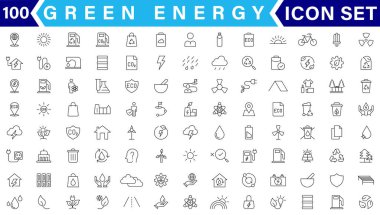 Yeşil enerji ince çizgi simgeleri kümesi. Yenilenebilir enerji ikonları, yeşil teknoloji. Projeleriniz için tasarım elemanları. Vektör illüstrasyonu