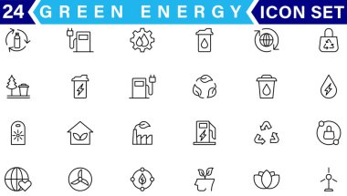 Yeşil enerji ince çizgi simgeleri kümesi. Yenilenebilir enerji ikonları, yeşil teknoloji. Projeleriniz için tasarım elemanları. Vektör illüstrasyonu