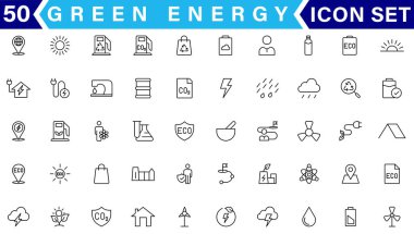 Yeşil enerji ince çizgi simgeleri kümesi. Yenilenebilir enerji ikonları, yeşil teknoloji. Projeleriniz için tasarım elemanları. Vektör illüstrasyonu