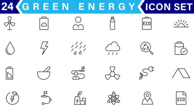 Yeşil enerji ince çizgi simgeleri kümesi. Yenilenebilir enerji ikonları, yeşil teknoloji. Projeleriniz için tasarım elemanları. Vektör illüstrasyonu