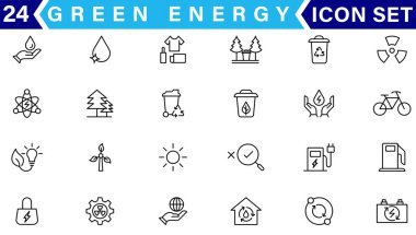 Yeşil enerji ince çizgi simgeleri kümesi. Yenilenebilir enerji ikonları, yeşil teknoloji. Projeleriniz için tasarım elemanları. Vektör illüstrasyonu