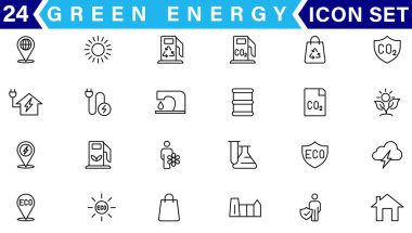 Yeşil enerji ince çizgi simgeleri kümesi. Yenilenebilir enerji ikonları, yeşil teknoloji. Projeleriniz için tasarım elemanları. Vektör illüstrasyonu