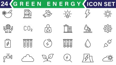Yeşil enerji ikonları koleksiyonu. İktidar ikonu. Yenilenebilir enerji, ekoloji ve yeşil teknoloji ikonları. Vektör illüstrasyonu