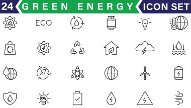 Yeşil enerji ikonları koleksiyonu. İktidar ikonu. Yenilenebilir enerji, ekoloji ve yeşil teknoloji ikonları. Vektör illüstrasyonu
