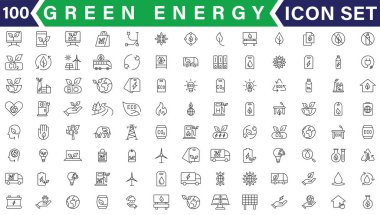 Yeşil enerji ikonu ayarlandı. Yenilenebilir enerji, ekoloji ve yeşil elektrik ikonlarının toplanması. Vektör illüstrasyonu