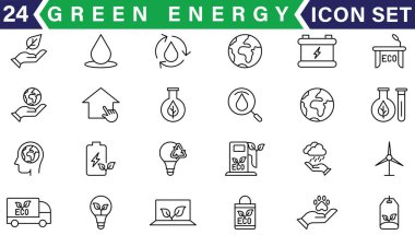 Yeşil enerji ikonu ayarlandı. Yenilenebilir enerji, ekoloji ve yeşil elektrik ikonlarının toplanması. Vektör illüstrasyonu