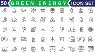 Yeşil enerji ikonu ayarlandı. Yenilenebilir enerji, ekoloji ve yeşil elektrik ikonlarının toplanması. Vektör illüstrasyonu
