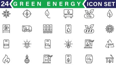 Yeşil enerji ikonu ayarlandı. Yenilenebilir enerji, ekoloji ve yeşil elektrik ikonlarının toplanması. Vektör illüstrasyonu