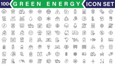 Yeşil enerji ince çizgi simgeleri kümesi. Yenilenebilir enerji ikonları, yeşil teknoloji. Projeleriniz için tasarım elemanları. Vektör illüstrasyonu