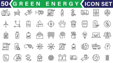 Yeşil enerji ince çizgi simgeleri kümesi. Yenilenebilir enerji ikonları, yeşil teknoloji. Projeleriniz için tasarım elemanları. Vektör illüstrasyonu