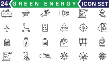 Yeşil enerji ince çizgi simgeleri kümesi. Yenilenebilir enerji ikonları, yeşil teknoloji. Projeleriniz için tasarım elemanları. Vektör illüstrasyonu