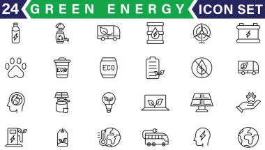 Yeşil enerji ince çizgi simgeleri kümesi. Yenilenebilir enerji ikonları, yeşil teknoloji. Projeleriniz için tasarım elemanları. Vektör illüstrasyonu