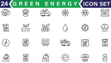 Yeşil enerji ince çizgi simgeleri kümesi. Yenilenebilir enerji ikonları, yeşil teknoloji. Projeleriniz için tasarım elemanları. Vektör illüstrasyonu