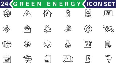 Yeşil enerji ince çizgi simgeleri kümesi. Yenilenebilir enerji ikonları, yeşil teknoloji. Projeleriniz için tasarım elemanları. Vektör illüstrasyonu