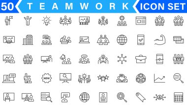 İş takım çalışması, takım oluşturma, çalışma grubu ve insan kaynakları minimal ince çizgi web simgesi seti. Taslak simge koleksiyonu