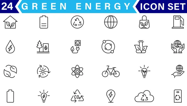 Yeşil enerji ince çizgi simgeleri kümesi. Yenilenebilir enerji ikonları, yeşil teknoloji. Projeleriniz için tasarım elemanları. Vektör illüstrasyonu