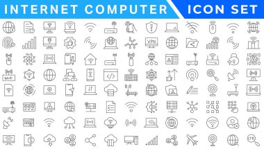 İnternet bilgisayar simgesi seti. Online, bilgisayar, ağ, web sitesi, sunucu, web tasarımı, donanım, yazılım ve programlama içerir. Solid simge vektör koleksiyonu.