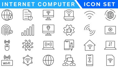 İnternet bilgisayar simgesi seti. Online, bilgisayar, ağ, web sitesi, sunucu, web tasarımı, donanım, yazılım ve programlama içerir. Solid simge vektör koleksiyonu.
